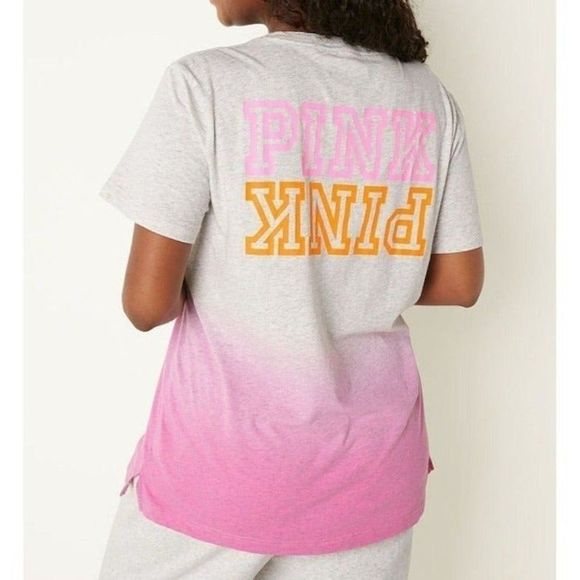PINK VS Medium Gray & Pink & Orange Dip Dye Ombre Short Sleeve Tee Shirt - Picture 1 of 8